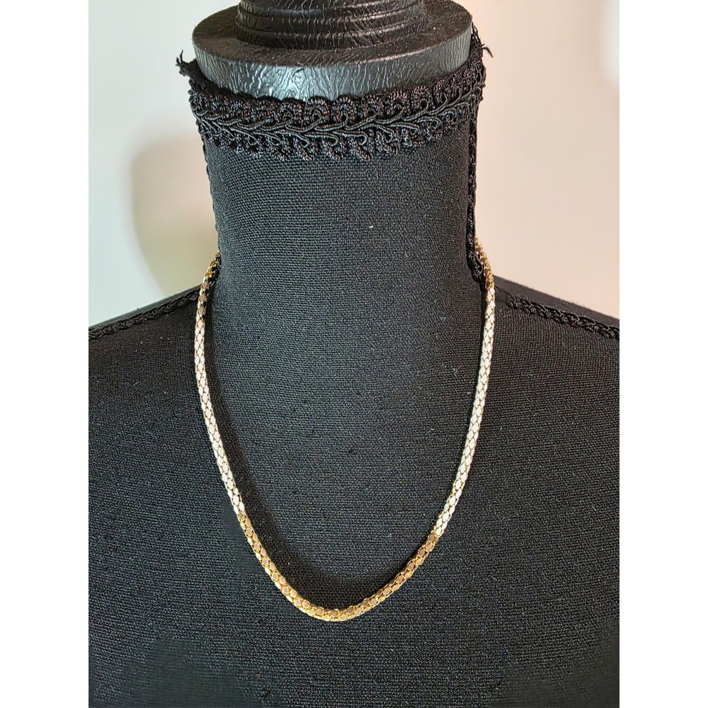 Vintage 60s White Enamel Mesh Chain Necklace Gold Plated signed Hong Kong Retro